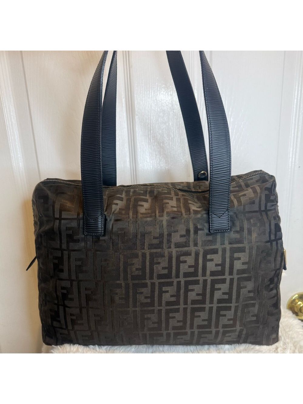 FENDI FF ZUCCA NYLON LEATHER MONOGRAM TRAVEL BAG TOTE PURSE UNISEX - Picture 5 of 16